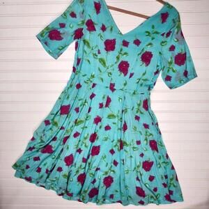 eShakti Women's Aqua Floral V Neck Short Sleeve Dress Large Boutique